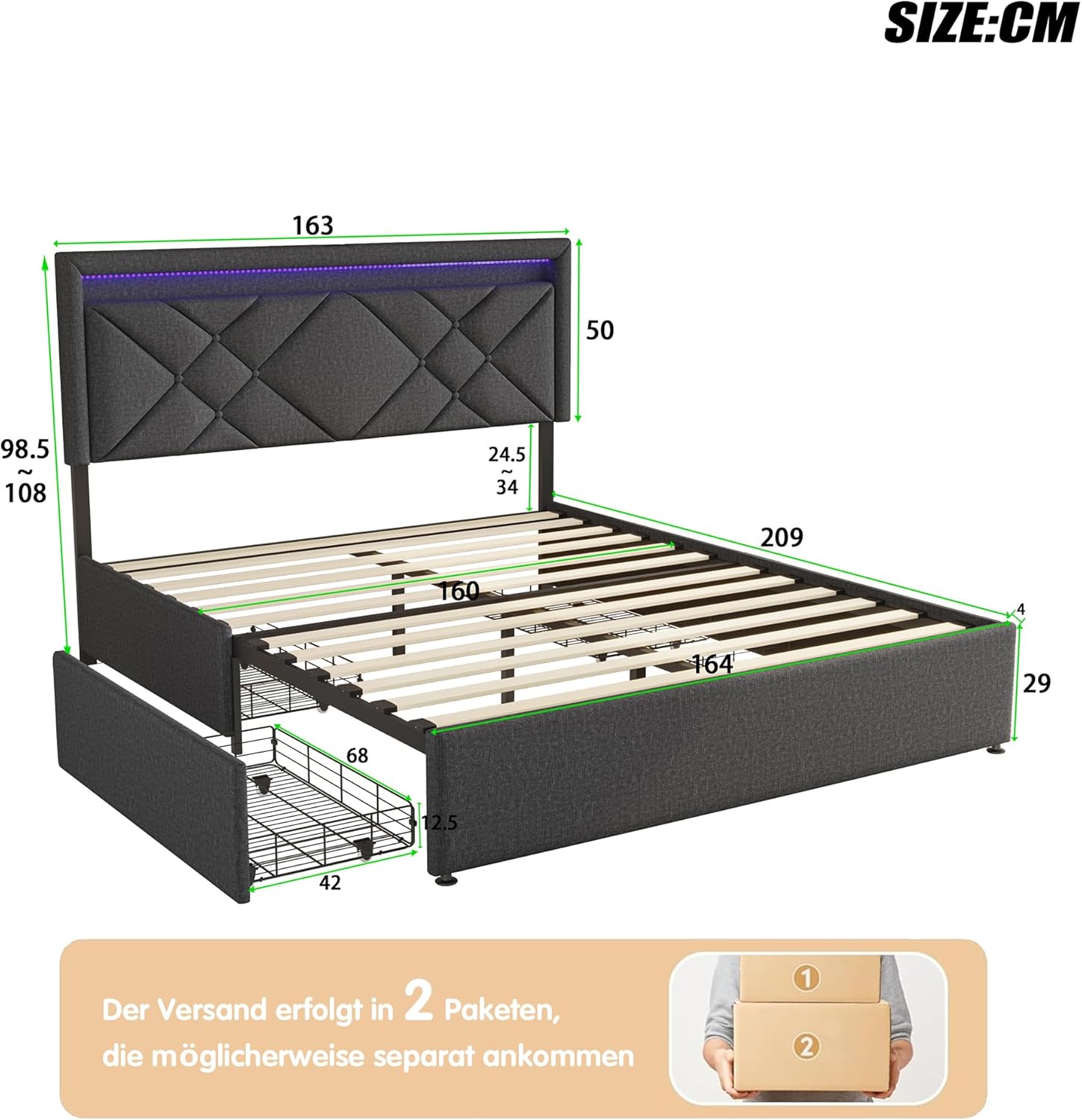 Doppelbett 160x200 cm, Polsterbett mit USB Ladefunktion und LED-Kopfteil, Bett mit 4 Schubladen, Verstellbar Kopfteil, Stauraumbetten, Funktionsbett, Leinenstoff, Ohne Matratze, Dunkelgrau