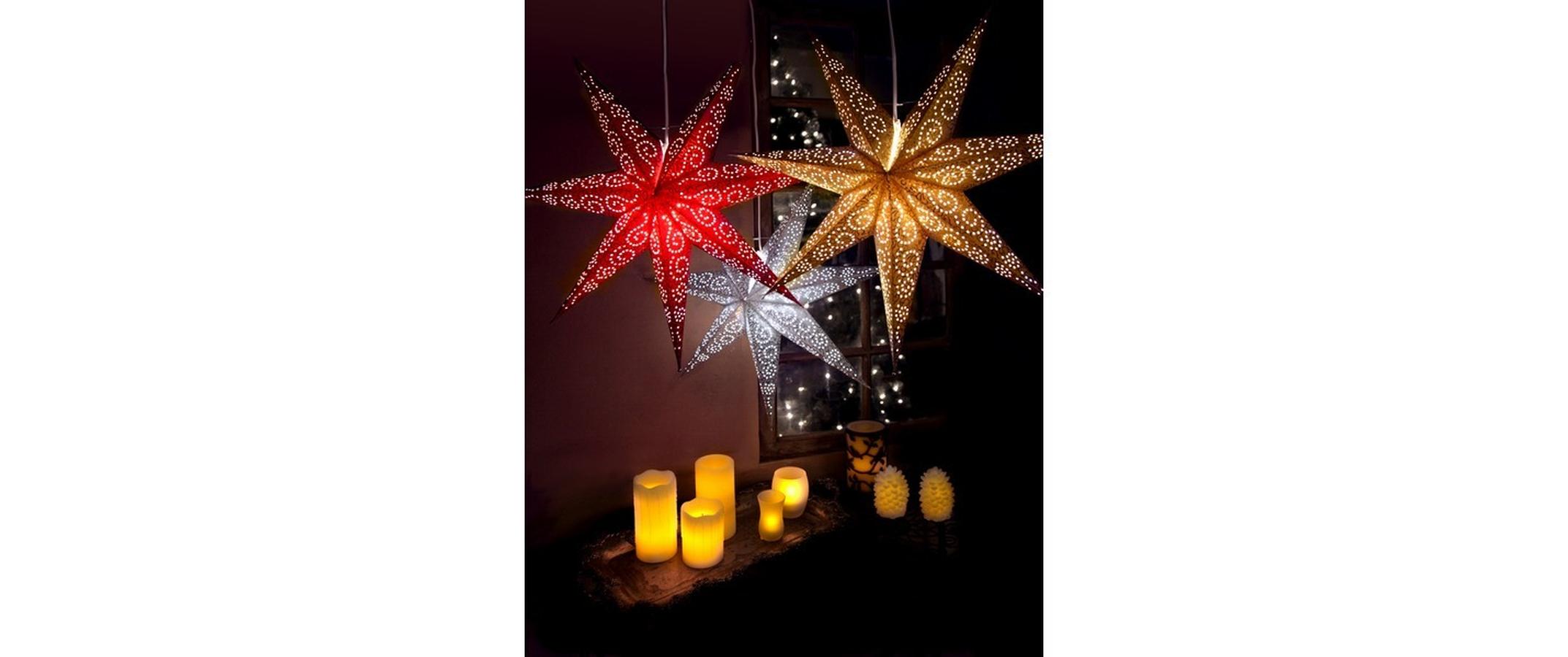 LED-Stern Antique 60 cm, RotLeuchtender Papierstern mit Lochmuster