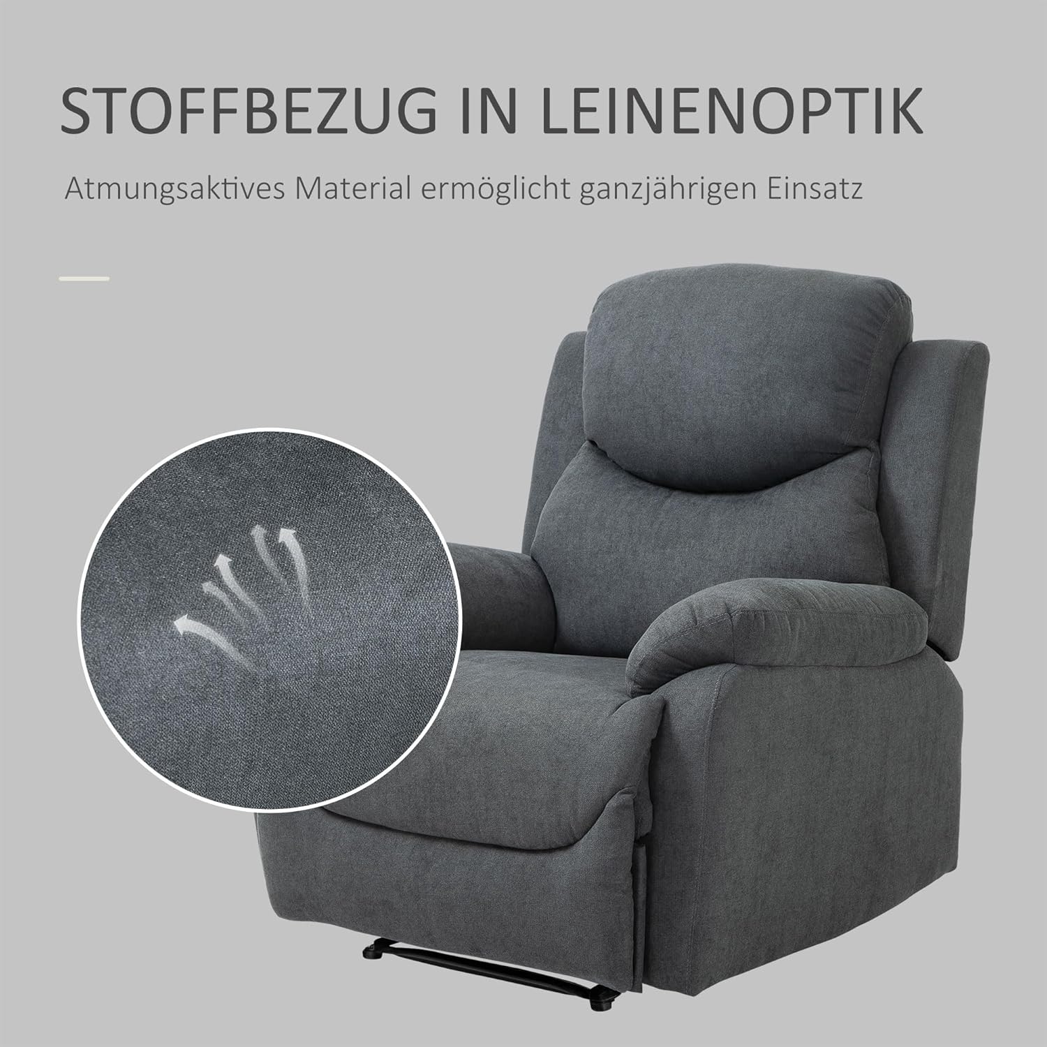 HOMCOM Relaxsessel Fernsehsessel mit Liegefunktion Liegesessel Sessel mit Verstellbarer Rückenlehne, Ruhesessel mit Leinen-Optik für Wohnzimmer Schlafzimmer, Dunkelgrau