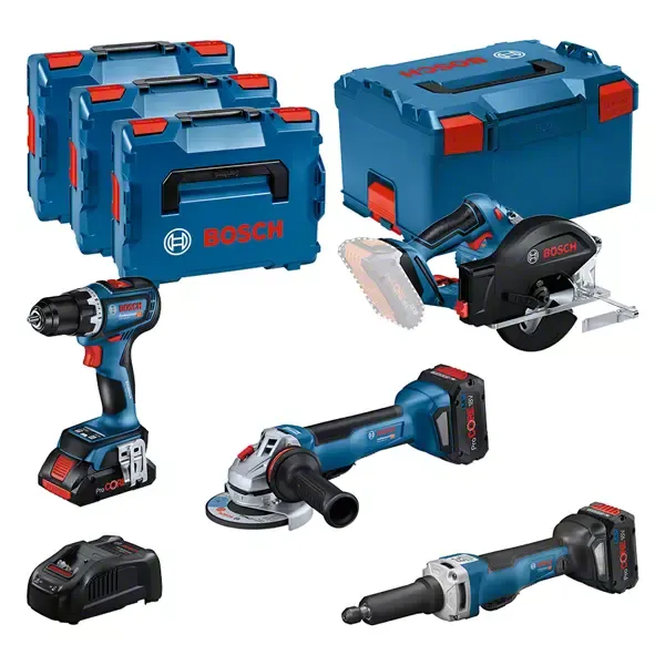 COMBI-KIT 4 18V TOOLS: GSR 18V-90C + GWS 18V-15 PSC + GKM 18V-50 + GGS 18V-23 PLC + 1 4.0 AH BATTERY (PROCORE) + 2 5.5 AH BATTERIES (PROCORE) + GAL 1880CV (L) PROFESSIONAL