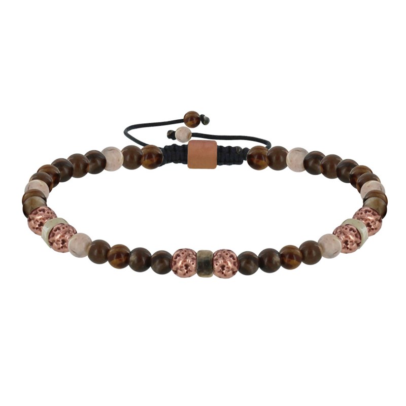 Bracelet Lien Homme Perles Rondes Acier Cuivré et Jaspe - taille 20 cm