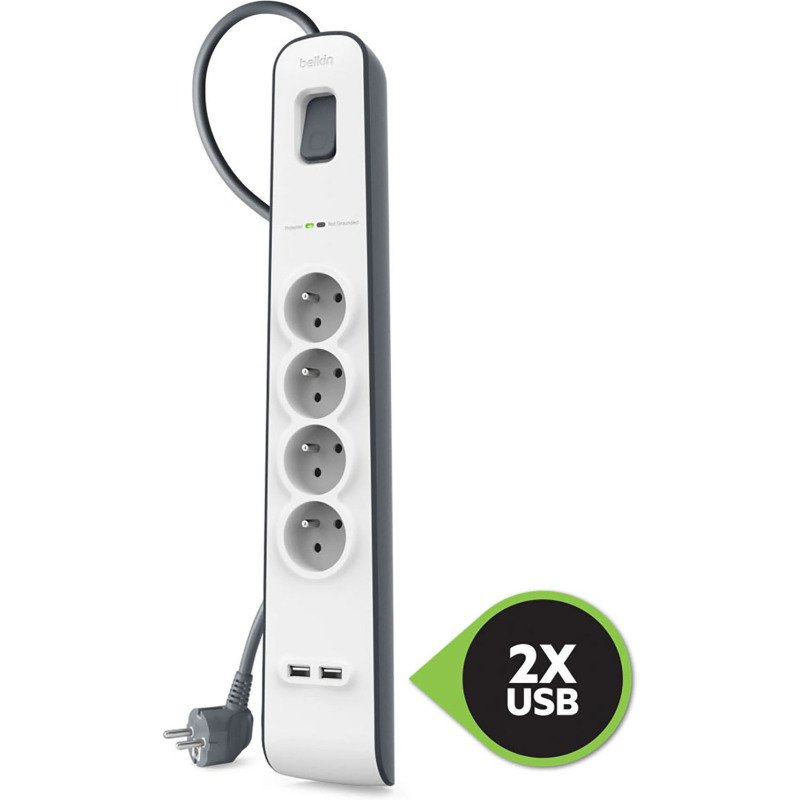 Multiprise parafoudre 4 prises + 2 USB A  blanche Belkin