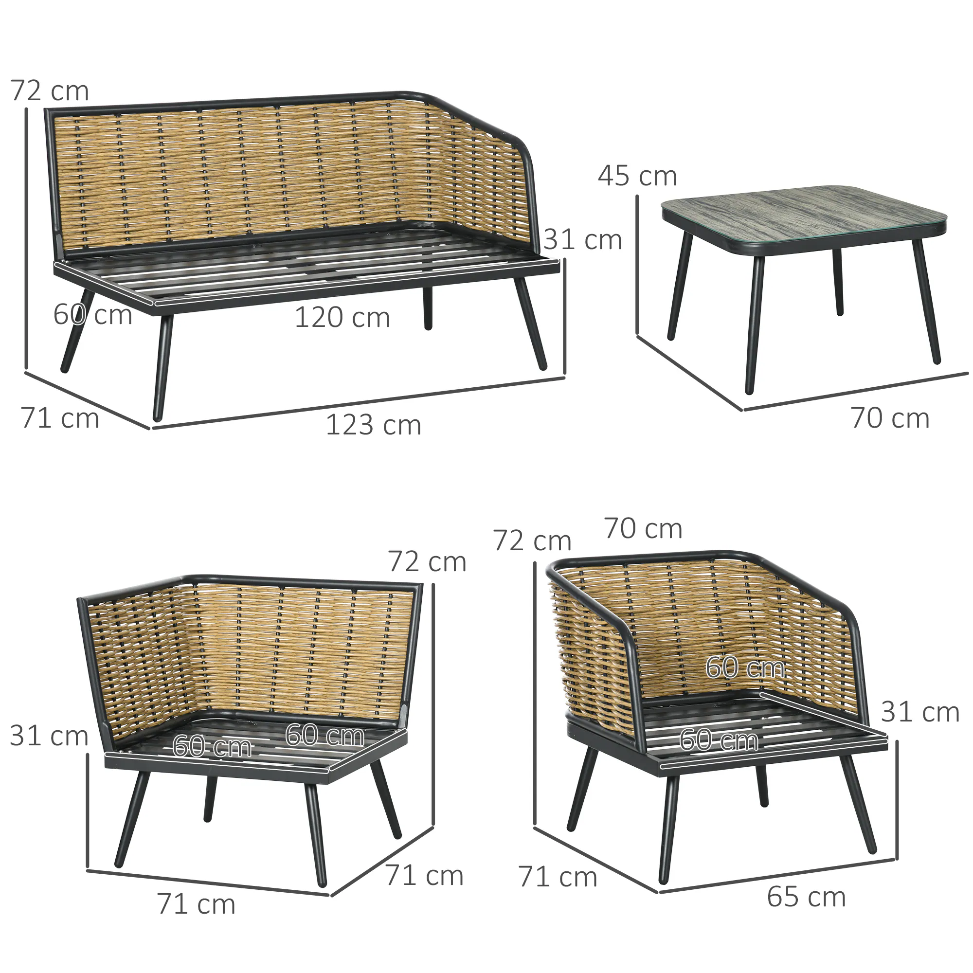 Outsunny Rattan Gartenmöbel-Set mit Sitzkissen braun 123L x 49B x 47H cm