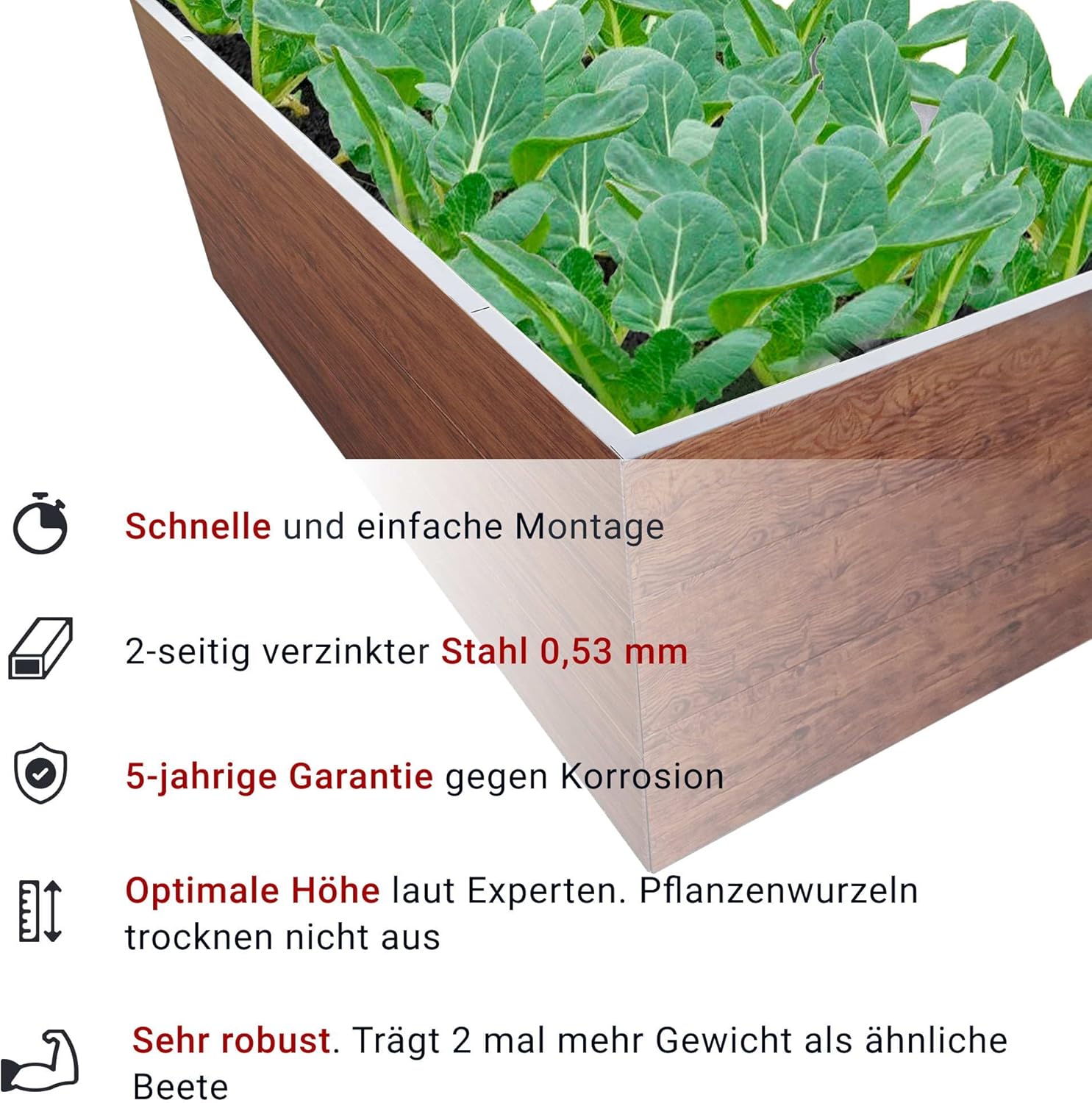 Hochbeet für Garten 200x100x63 cm Metall, Holzoptik - Hochbeet-Kit aus Premium-Polymerbeschichtetem Stahl, Rechteckig, Langlebiges Gartenbeet für Kräuter und Gemüse mit Maulwurfnetz