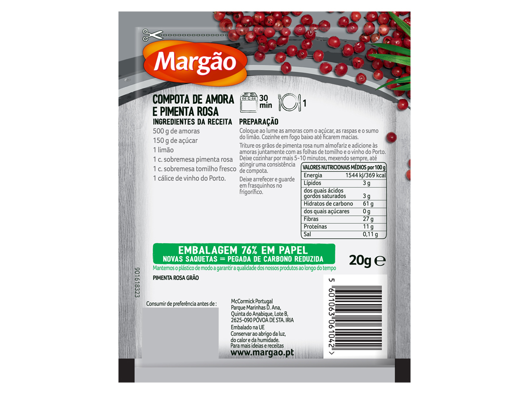 PIMENTA ROSA MARGÃO GRÃO SAQUETA 20G