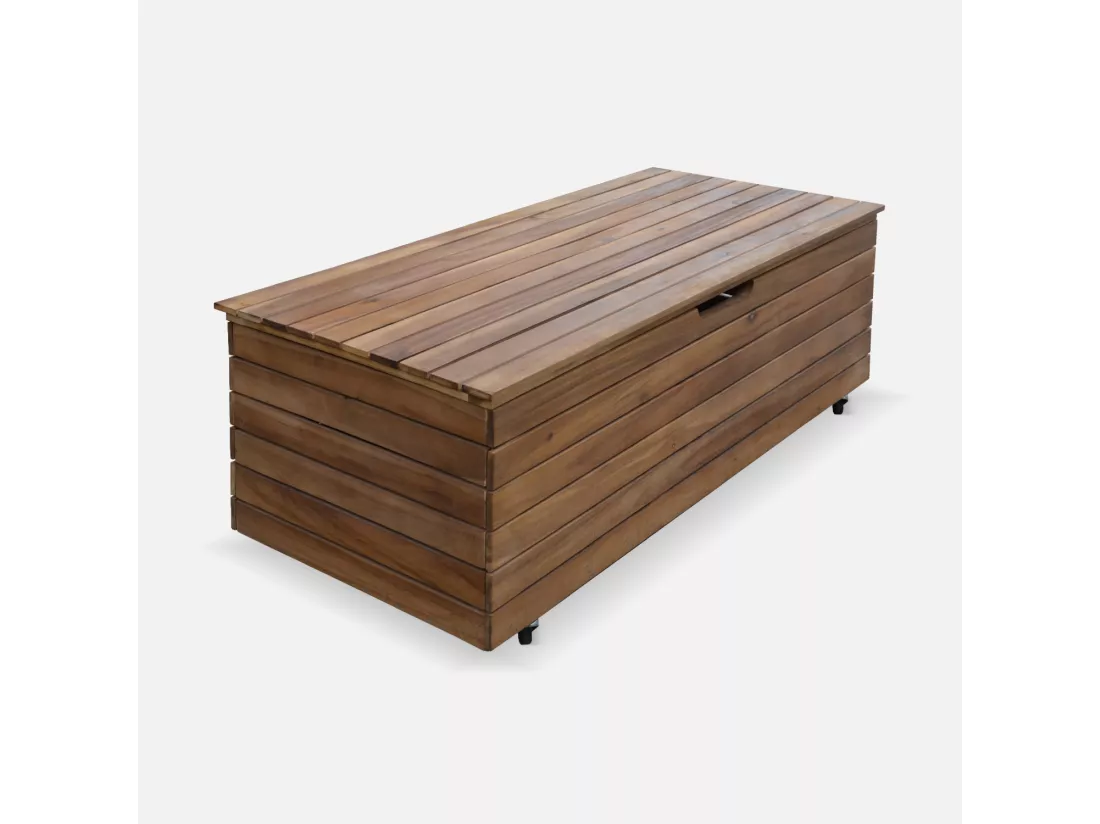 Coffre de jardin en bois - Saragosse - 130L. rangement coussins 107x48.5cm avec vérins et roulettes