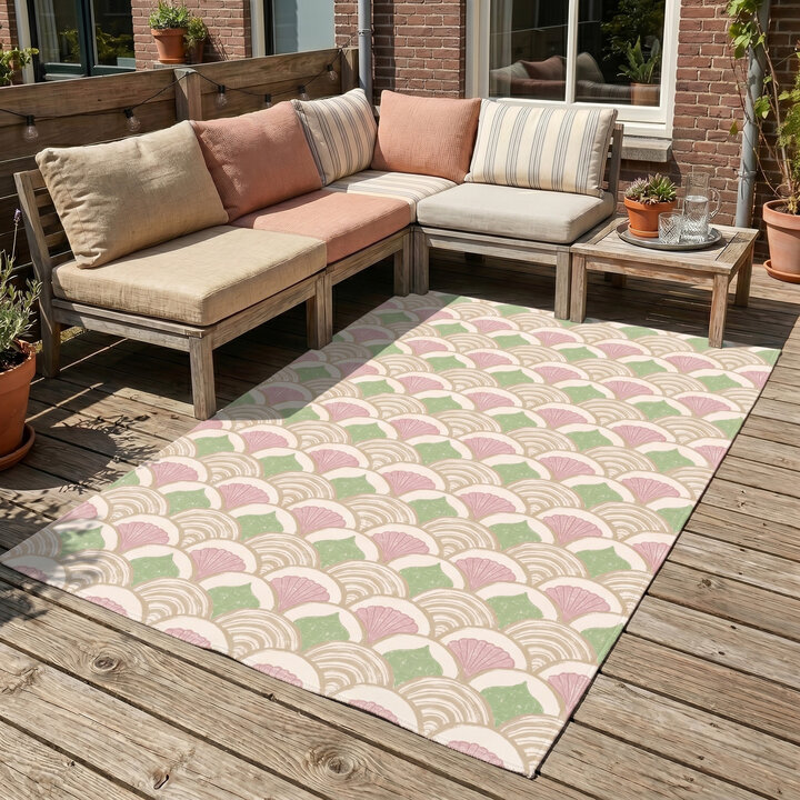 Buitenvloerkleed - Oasis Shell Roze/Groen | OEKO-TEX & Wasbaar