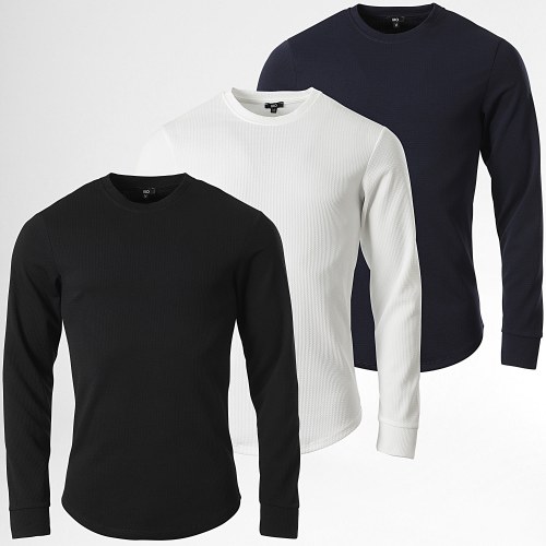 Lot De 3 Tee Shirt Manches Longues Texturé Waffle 0400 0552 0557 Blanc Noir Bleu Marine