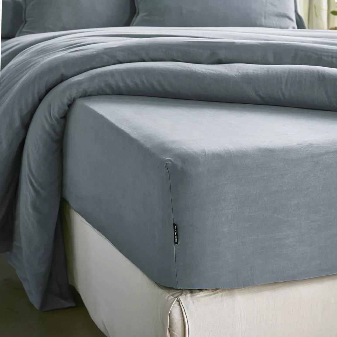 Drap housse lyocell Tencel™ lavé (90 x 200 cm) Olivia Bleu stone