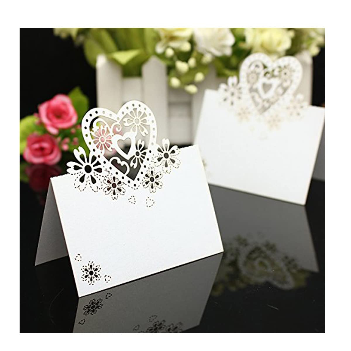 (50er Set) 6x9cm Papier Tischkarten Hochzeits Deko Herz Namens Platzkarten - Weiss