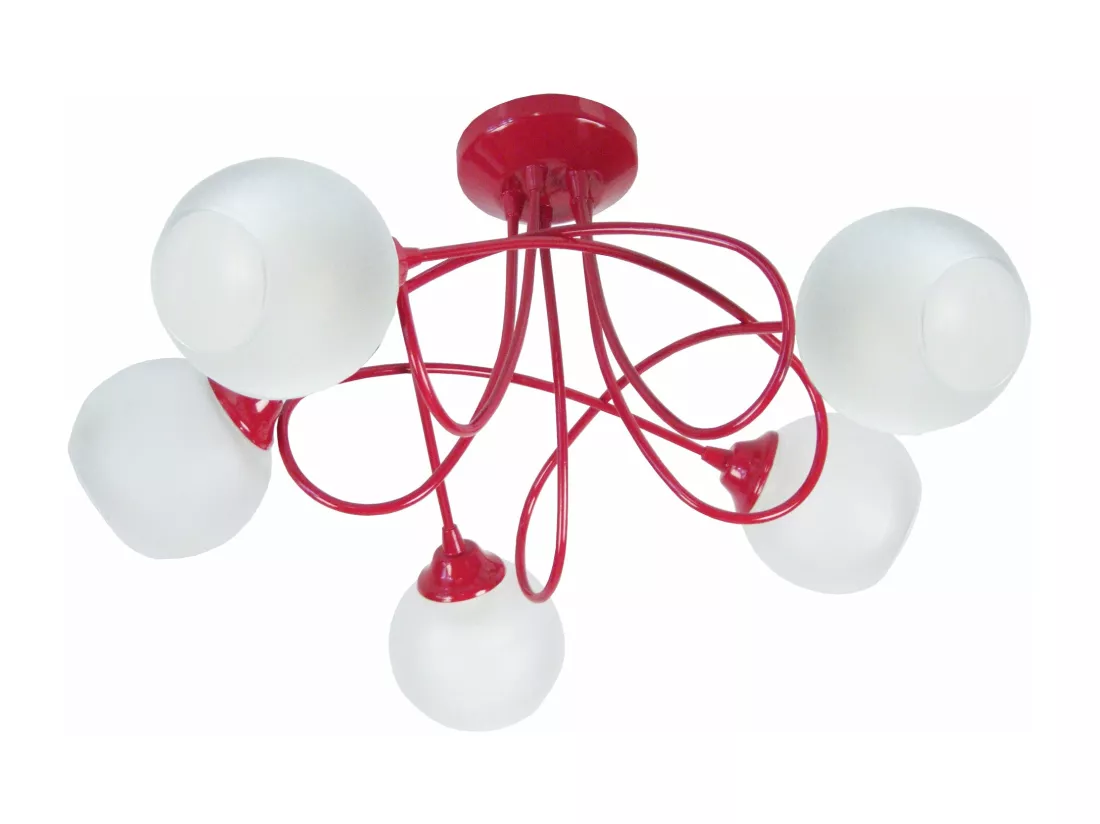 Lustre 5 bras métal courbé rouge, boule verre 32 cm.