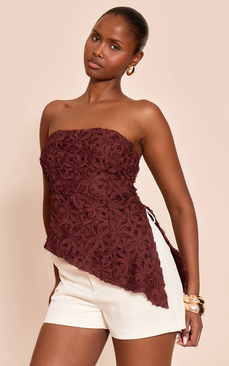 Dark Chocolate Bandeau À Ourlet Asymétrique Fleuri Texturé