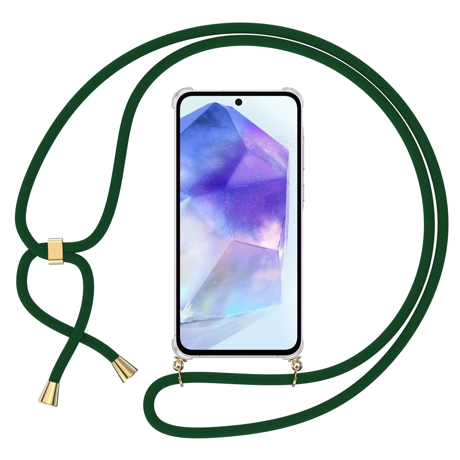 Samsung Galaxy A55 Necklace Gummi Hülle Air Cushion Fallschutz   Handykette (150cm) - Dunkelgrün / Gold