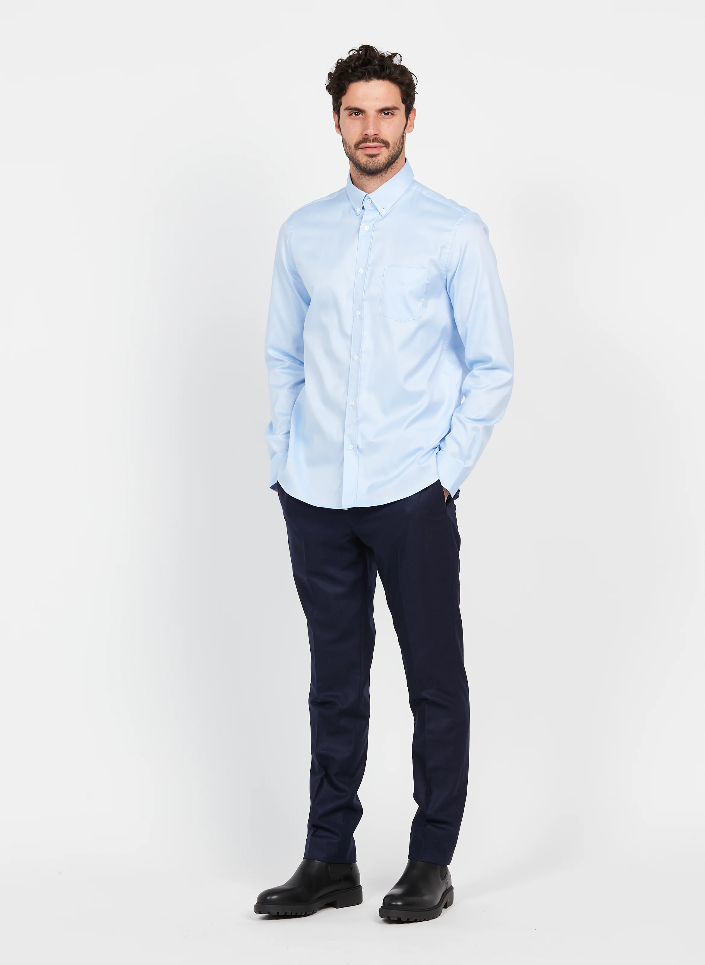 Chemise droite en coton oxford uni | Bleu