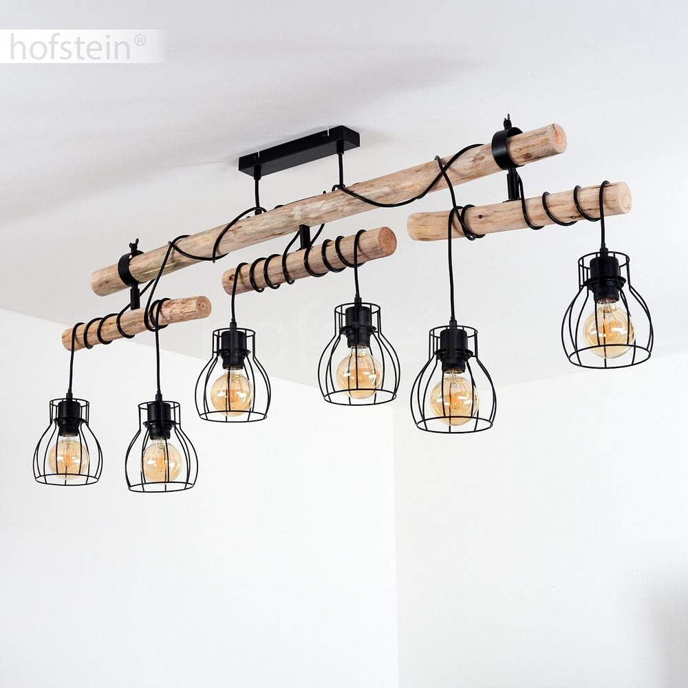 Deckenleuchte Gondo, 6-flammige Zimmerlampe aus Metall in schwarz und naturfarbenen Holz, Leuchtenköpfe sind individuell einstellbar, Deckenlampe im Retro/Boho Style, 6 x E27, ohne Leuchtmittel