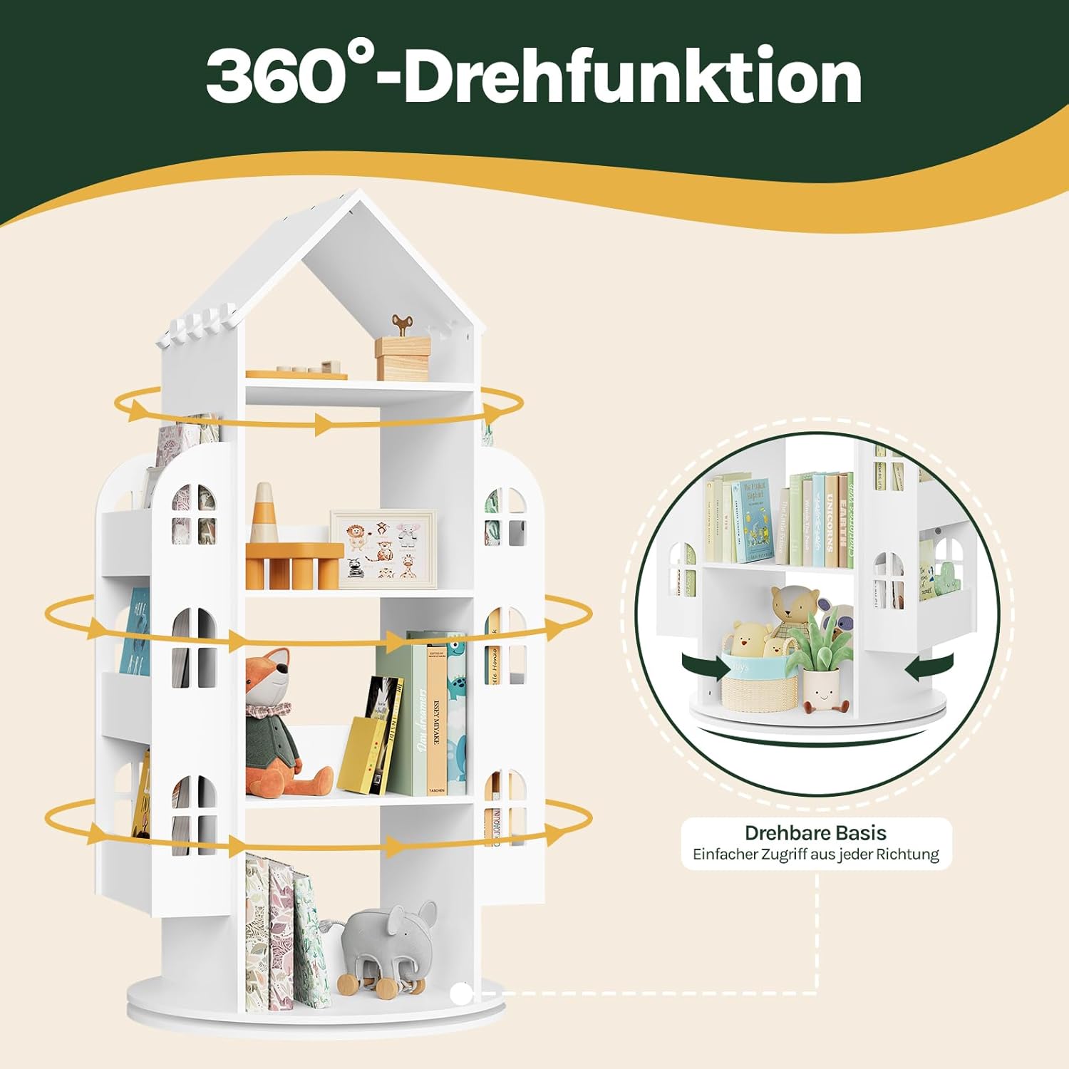 WOLTU Drehbares Bücherregal Kinder, Kinderregal Kinderbücherregal, Mit 4 Ebenen 2 Seitenregalen, Regal Hausform, 63x125x59 cm, Weiß