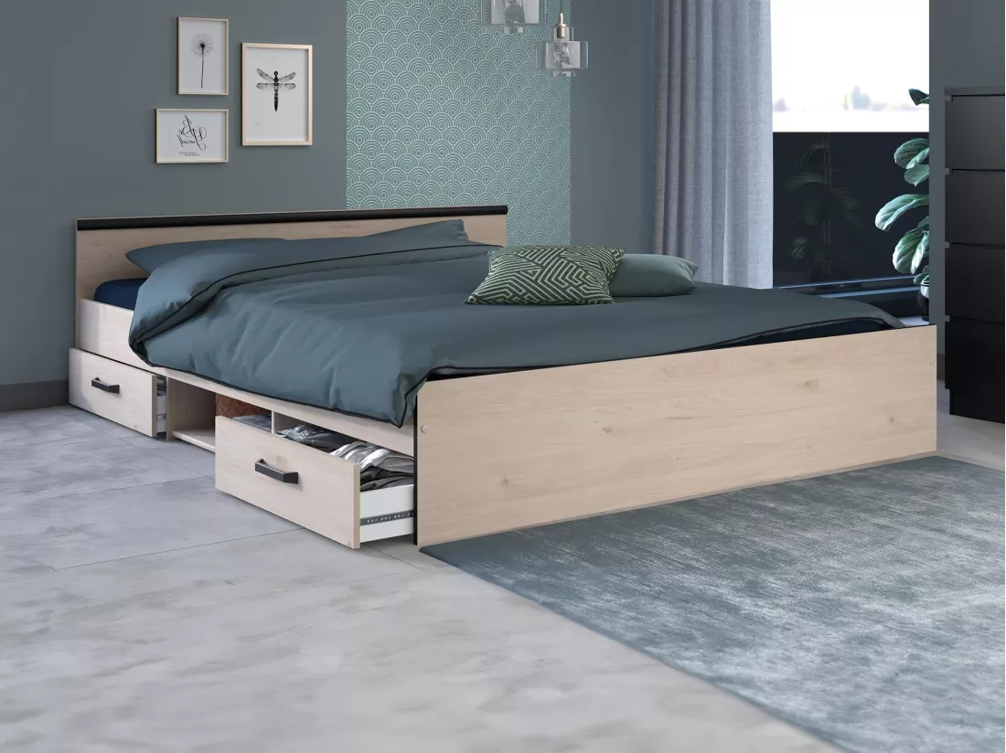 Lit avec rangements 140 x 190 cm - 2 tiroirs et 1 niche - Coloris : Naturel + Sommier - PABLO