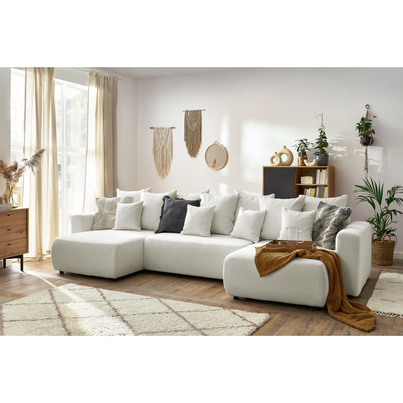 Bobochic Canapé panoramique convertible coffre bouclette envy blanc - 386x153x95 cm