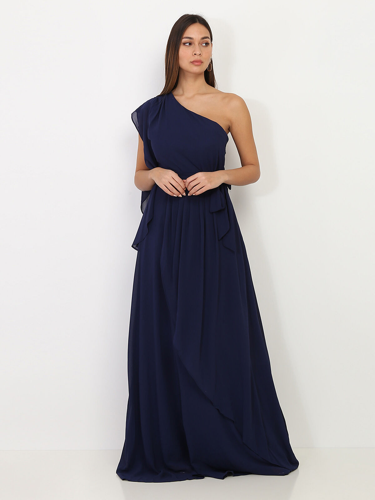 Robe portefeuille à manche asymétrique- Bleu marine