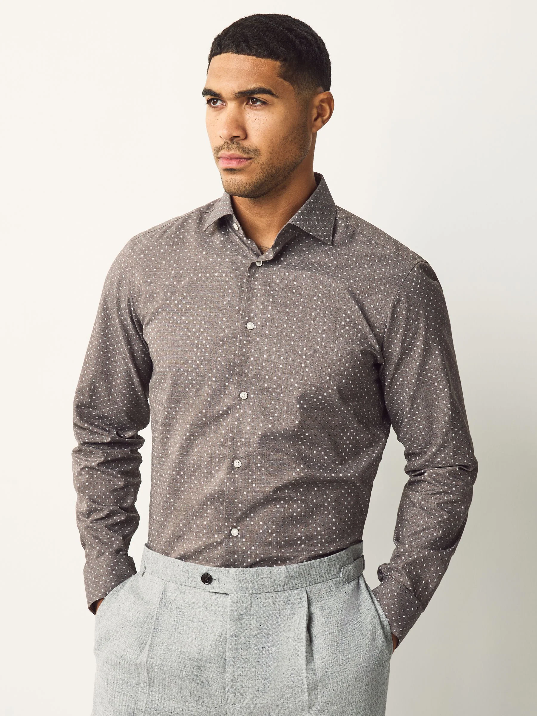 Witte Strepen/Antracietkleurige Print - Slim Fit - Strijkvrije slimme overhemden met enkele manchet 2 pak