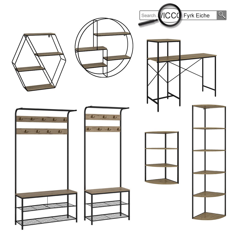 Vicco Garderobe Fyrk, 70 x 190 cm, Eiche Schwarz, Ablage, Bank & Schuhregal, Industrial