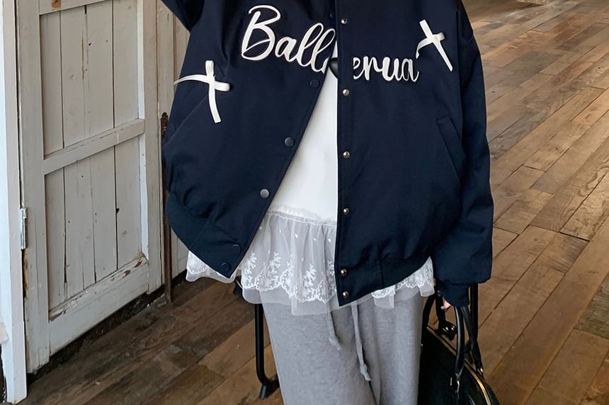 ZENME - Baseballjack met strik en lettersprint / T-shirt met lange mouwen en ronde hals, effen en ruches
