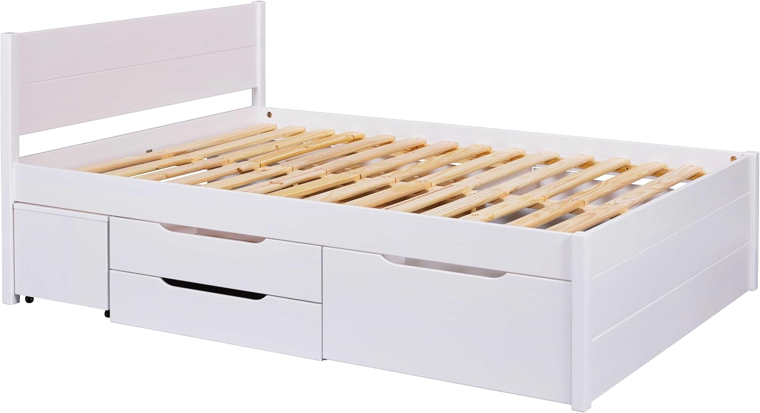 Inter Link - Bett mit Schubladen - Doppelbett 180x200 cm – Kojenbett mit Stauraum – Kiefer massivholz – 4 Schubladen und 2 Schubkasten – Inkl Lattenrost – Weiß lackiert – Efetivo 180x200cm
