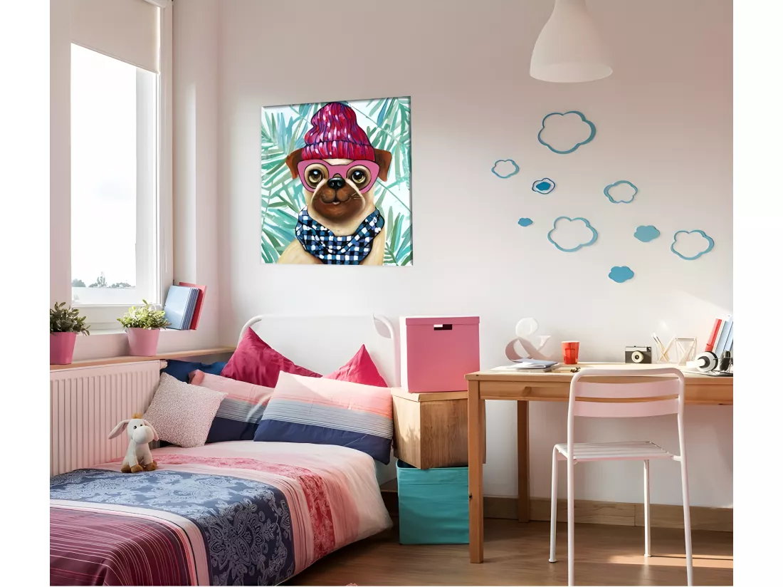 Tableau peinture chien à lunettes 70 x 70 cm - LOULOU DOG