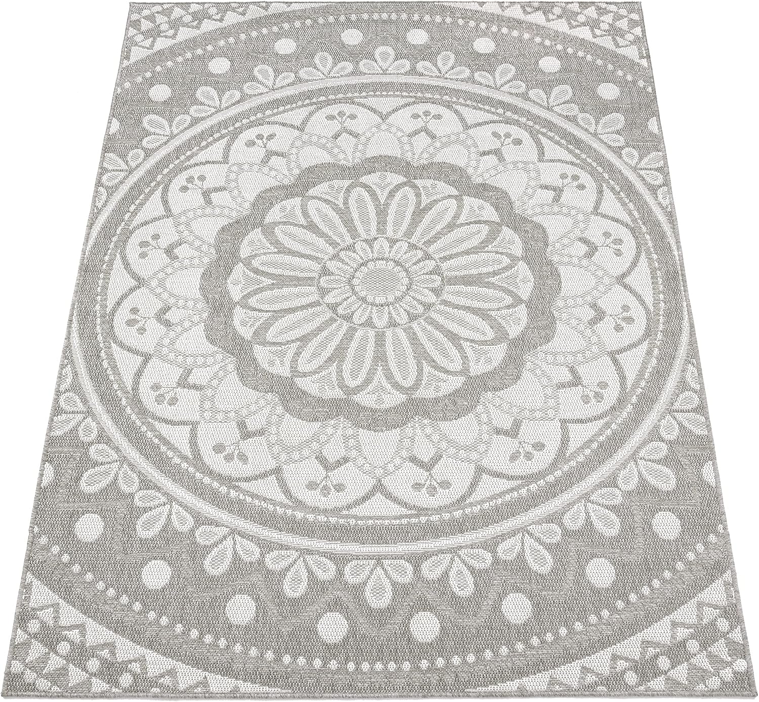 Paco Home Outdoor Teppich wetterfest & robust modernes Mandala & Boho Design pflegeleicht & flachgewebt für Balkon, Terrasse, Garten, Wohnzimmer & Küche Ethno Mandala, Grösse:240x340 cm, Farbe:Grau