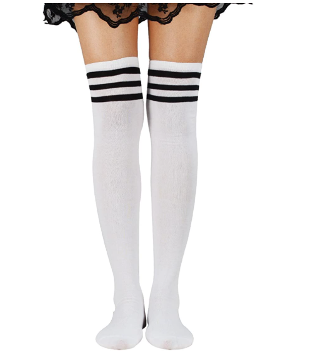 (1 Paar) Knie Socken Damen Over Knee Strümpfe (One Size) - Weiss / Schwarz