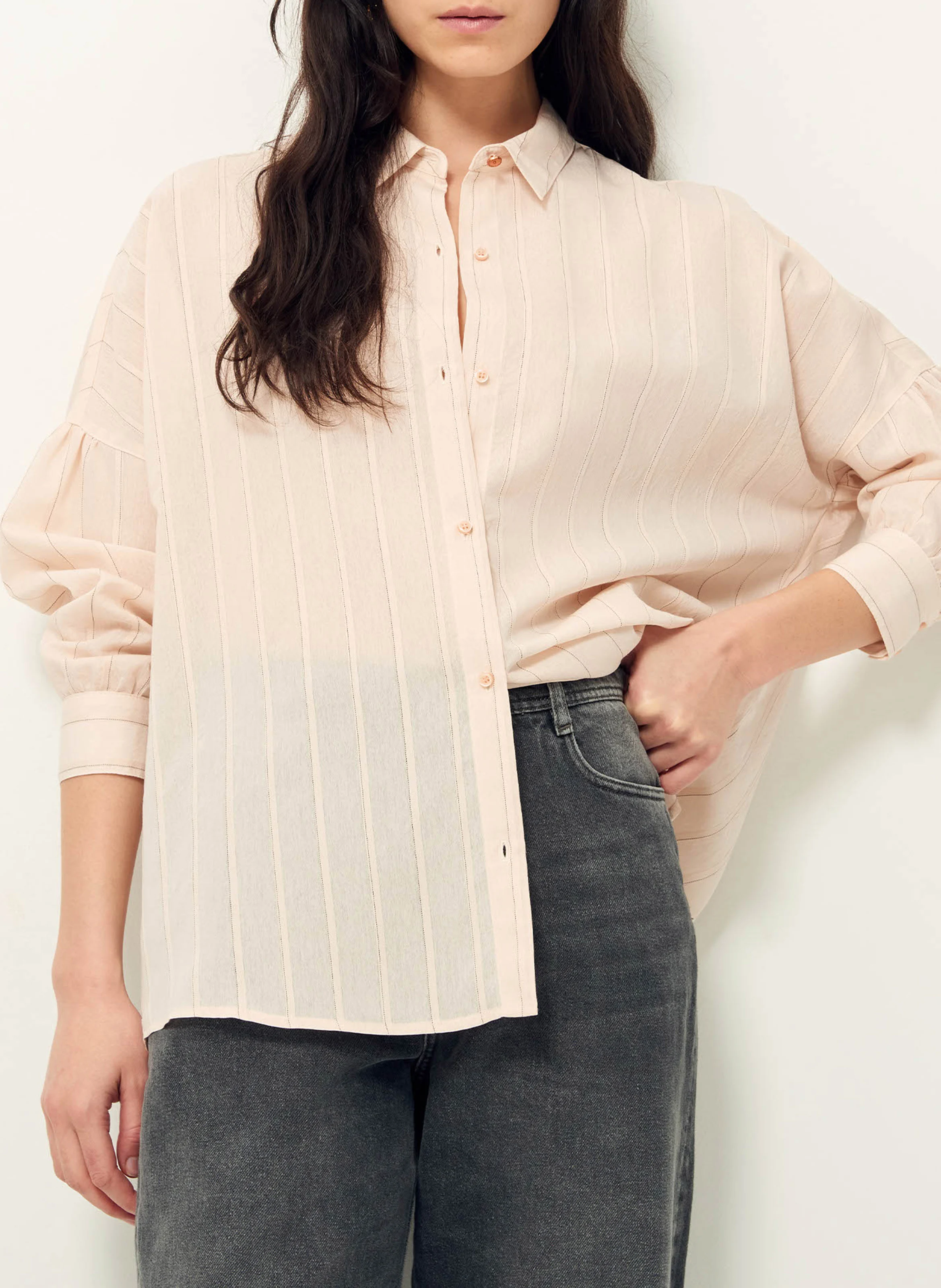 BOTAN - Chemise col classique rayée en coton mélangé | Beige