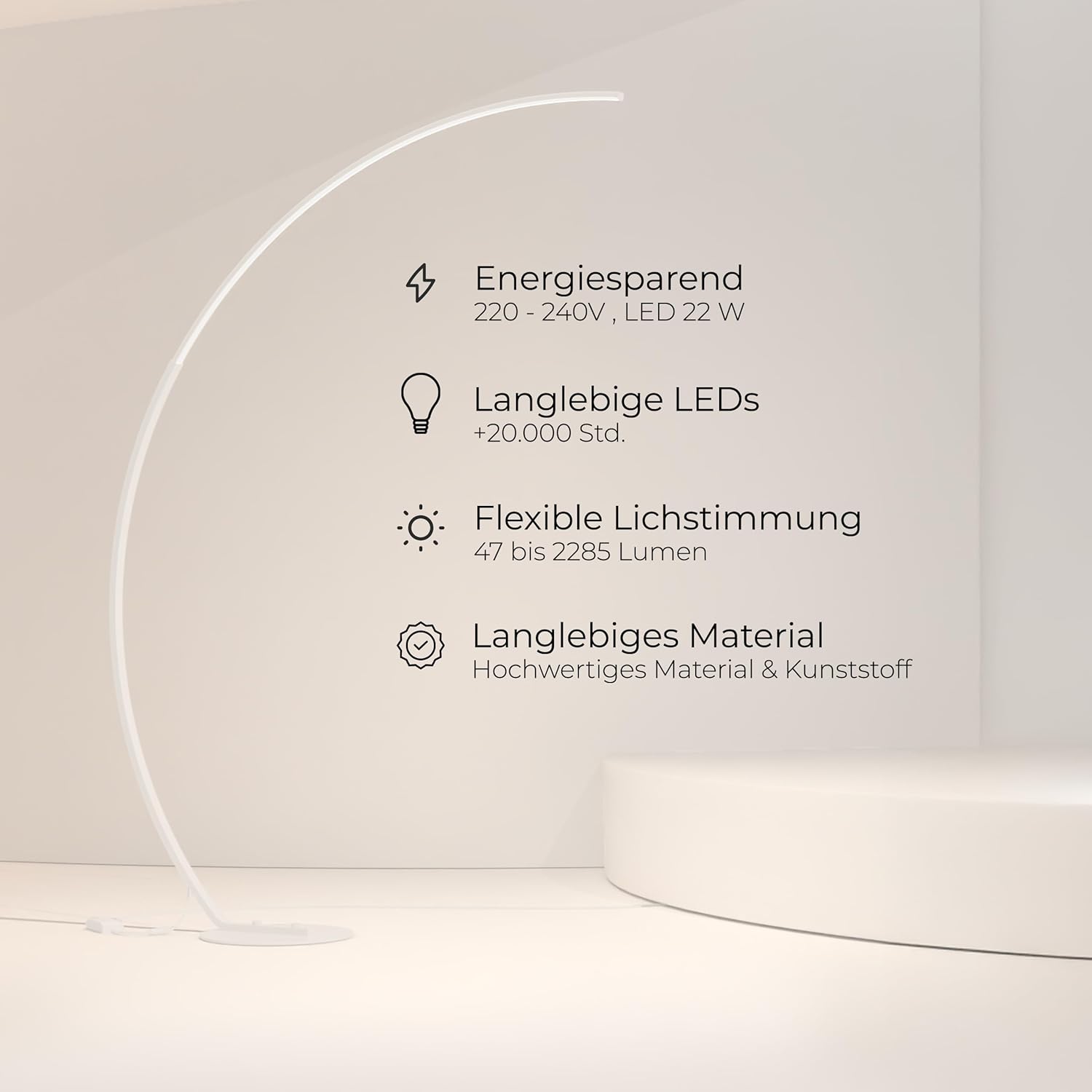 NEONA ICARUS Bogenlampe LED dimmbar – XXL Stehlampe Weiß, 2258 Lumen, 2700K Warmweiß, CRI 90, 22W, Fußschalter, Höhe 170cm – Moderne Wohnzimmerlampe (Weiß)