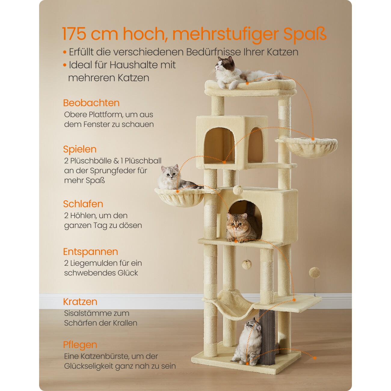 FEANDREA Kratzbaum mehrstöckig mit Höhlen beige