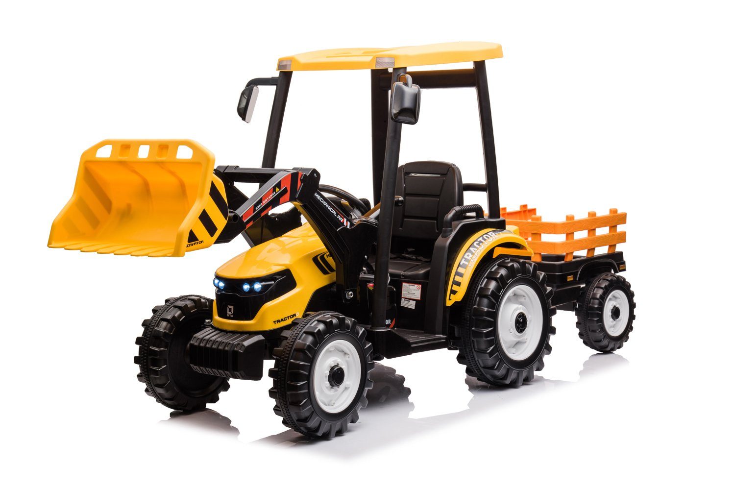 Carrinho elétrico infantil Kidix, trator elétrico infantil, escavadeira com pá, 2 baterias de 120W 12V/10Ah, reboque