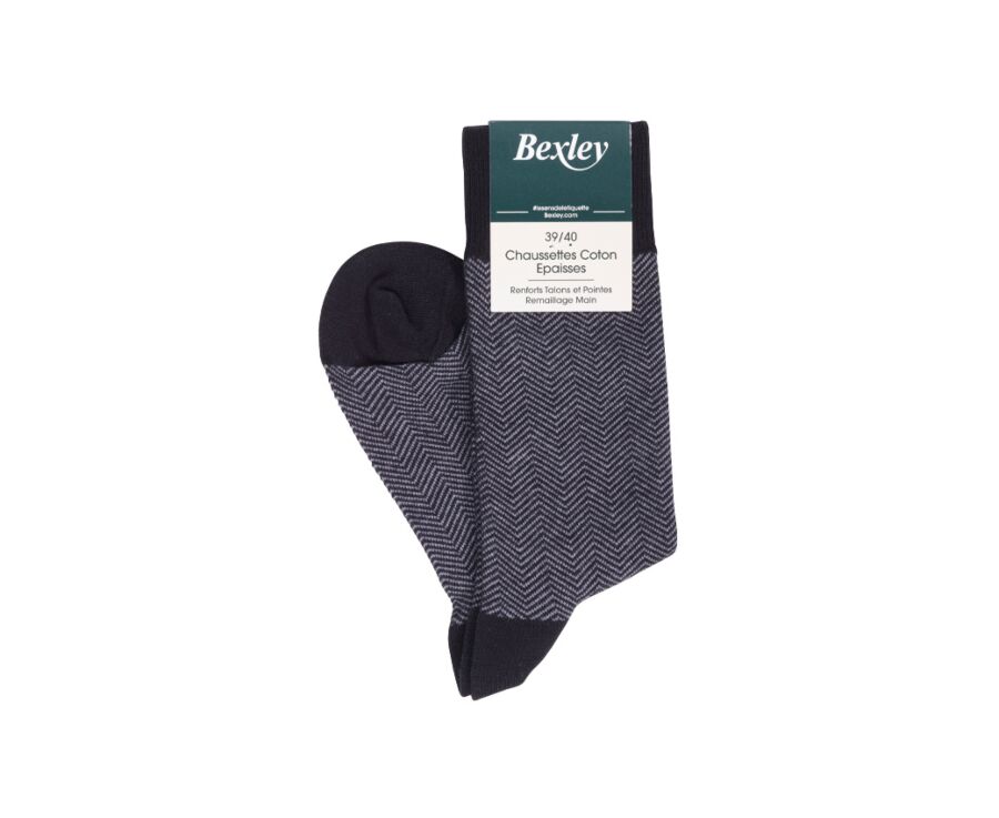 Chaussettes homme épaisses coton motif chevrons Noir et Gris