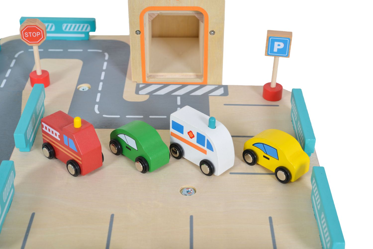 Moni Kinderspielzeug Holz-Parkhaus drei Etagen 25-tlg. 4 Autos 3 Etagen Schranke bunt