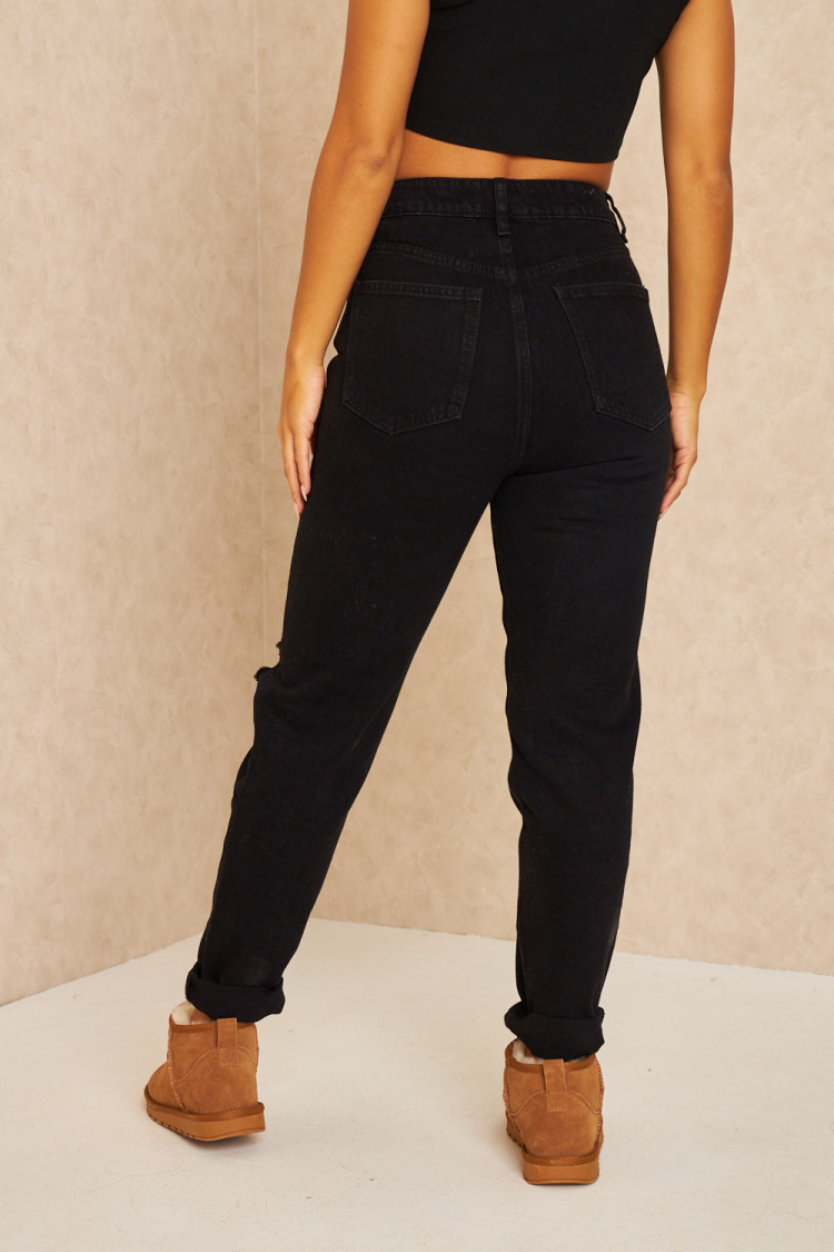 Jean Mom noir déchiré au genou