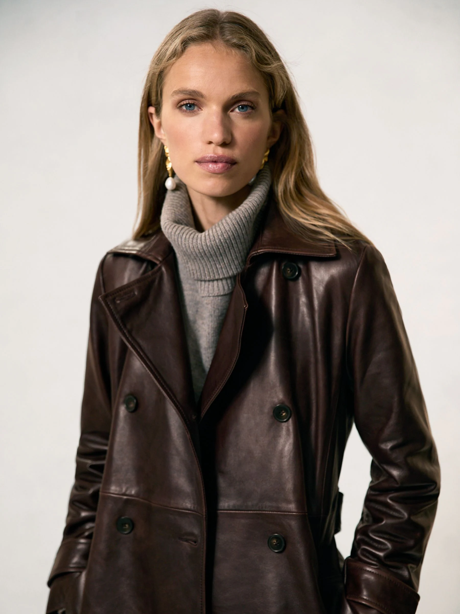Chocoladebruin - Reiss Hattie Leather Double-Breasted Trench Coat