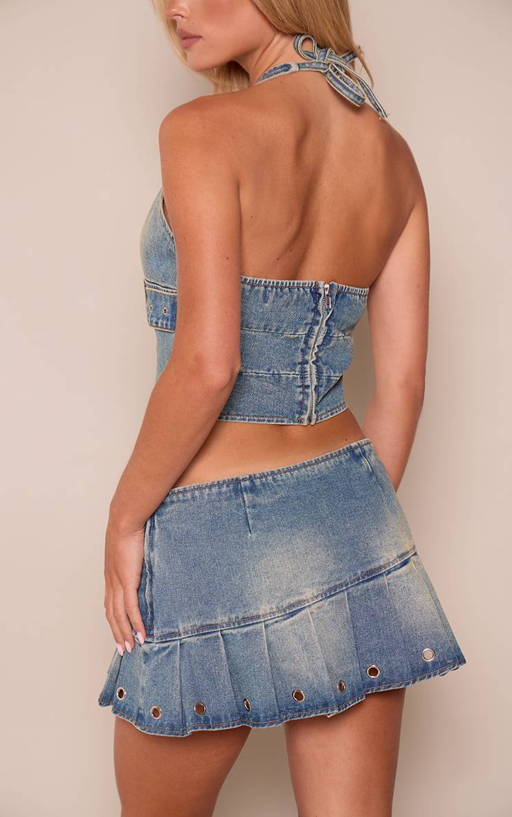 Délavage Vintage Jupe Mini Plissée En Denim Avec Ceinture Détail Petite