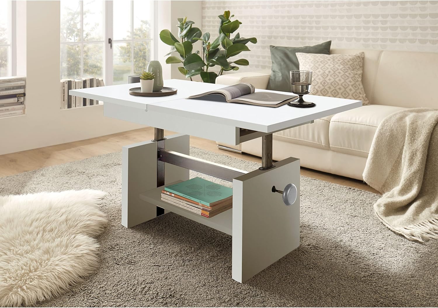 EVENT Couchtisch höhenverstellbar & ausziehbar in Weiß - praktischer Sofatisch mit Ablage für Ihren Wohnbereich - 110 x 48 x 65 cm (B/H/T)