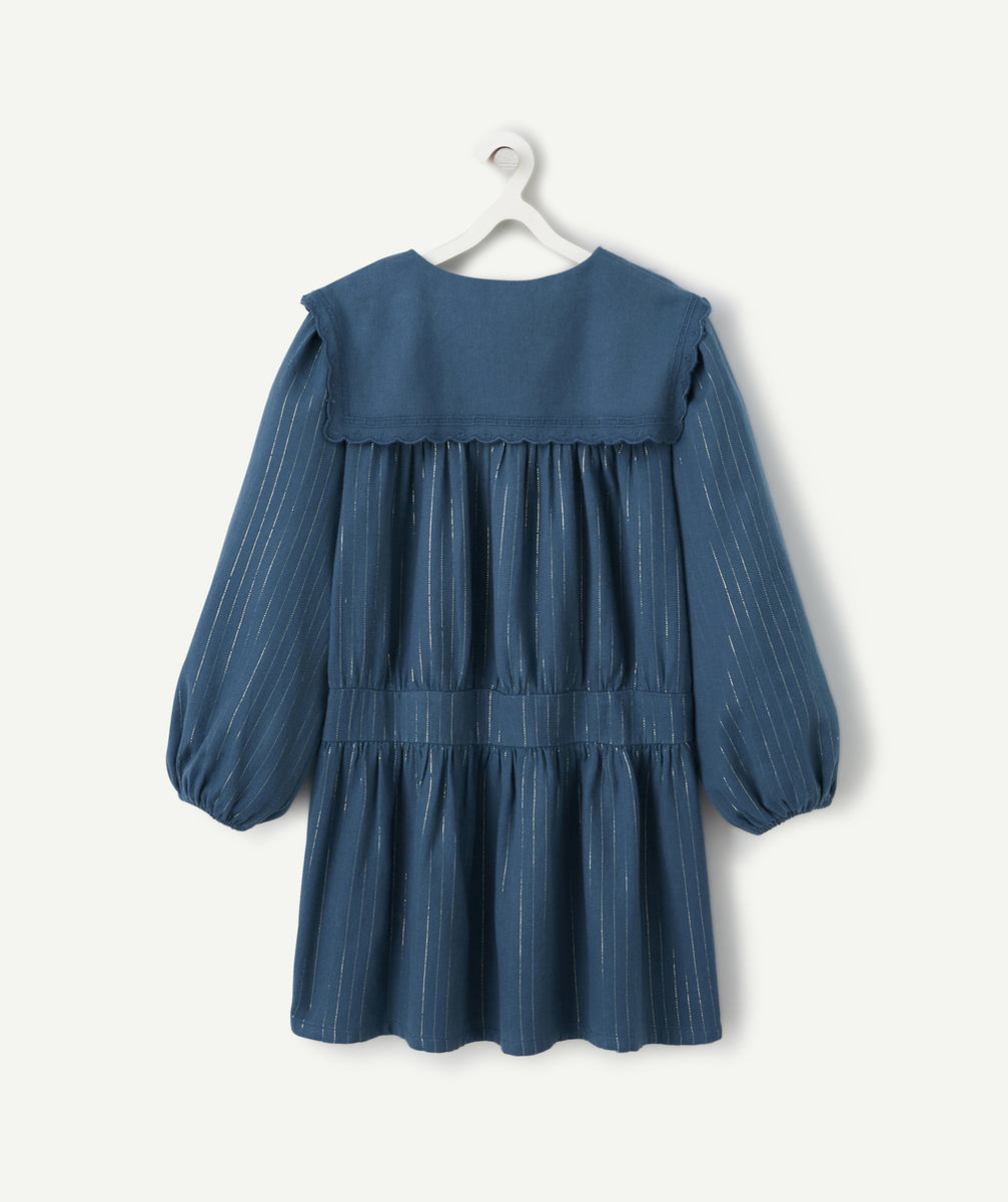 ROBE BLEU CANARD FILLE AVEC GRAND COL ET LISERÉS COULEUR DORÉS