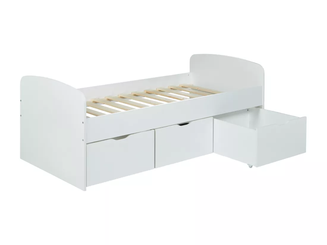 Lit LOUANE avec 2 tiroirs et 1 coffre de rangement - 90 x 190 cm - Blanc