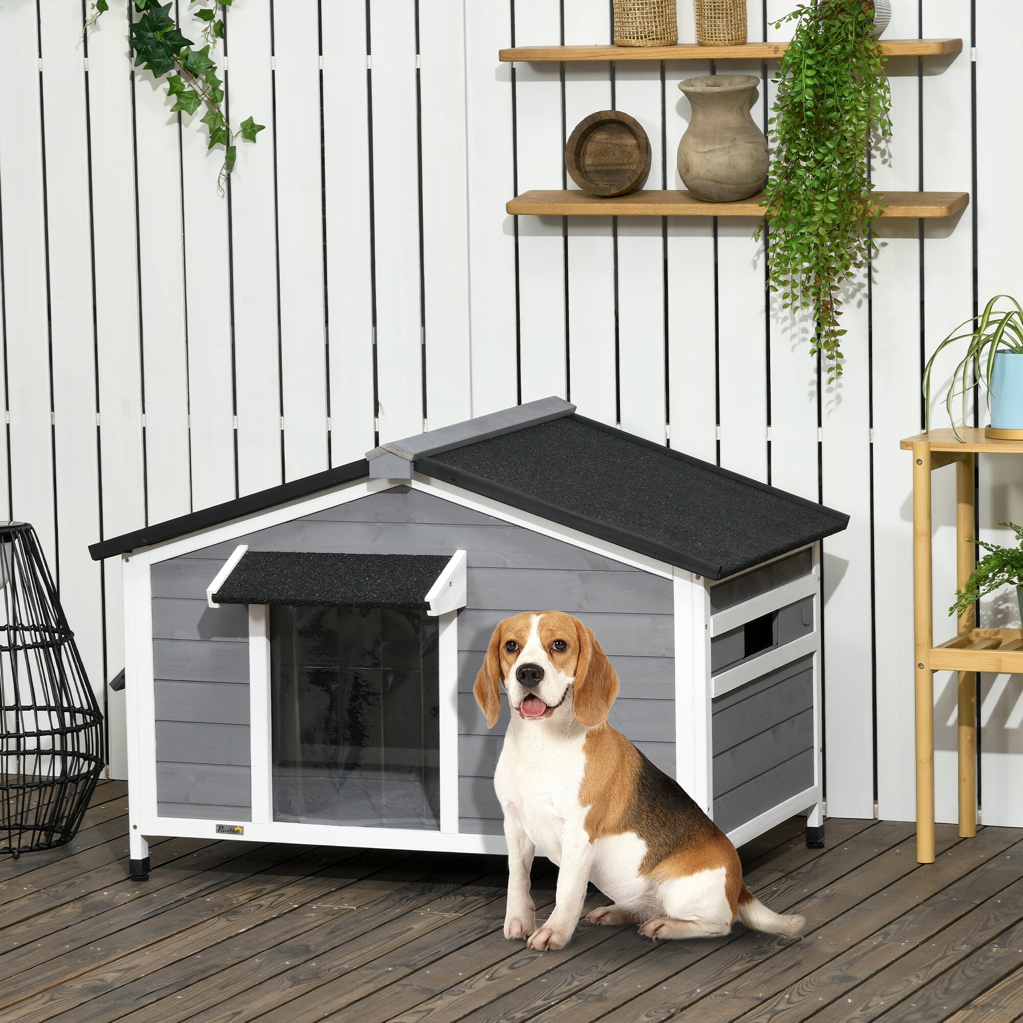 PawHut Hundehütte mit zu öffnendem Asphaltdach grau, weiß 109L x 79B x 72H cm