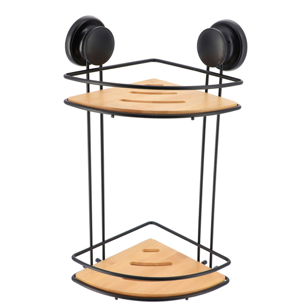 Etagère d'angle de douche à ventouses 2 niveaux noir et bambou 20x38x20cm