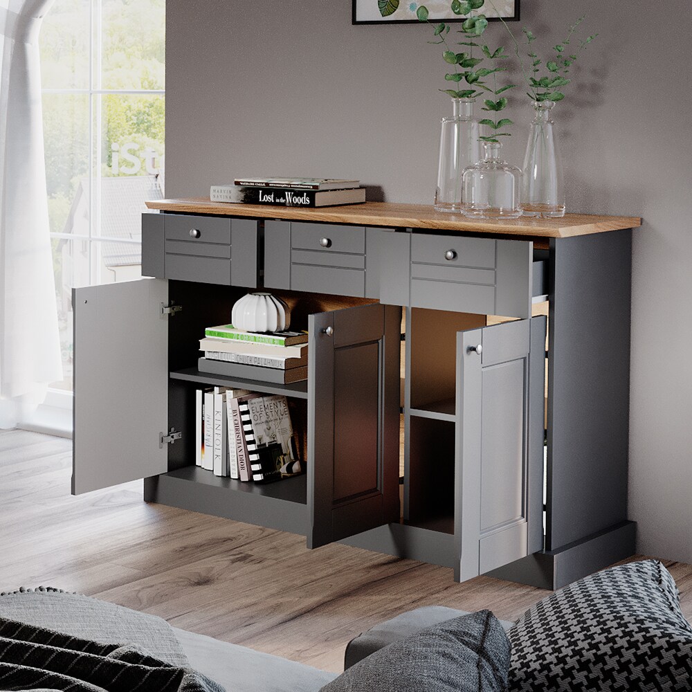 Vicco Sideboard Kommode Mehrzweckschrank Bergamo Grau Eiche Wohnzimmer Schrank 121x87 cm Vintage Ablage Schublade Schranktür Anrichte Wohnzimmermöbel