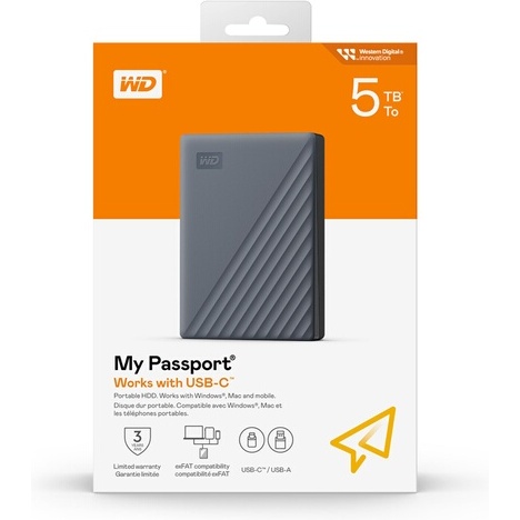 Disque dur externe Wd MY PASSPORT USB C 5TB GRIS WORLDWIDE -2022