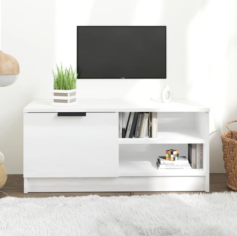 vidaXL Tv-meubel - Hoogglans Wit - Bewerkt Hout - Met Vakken en Schappen
