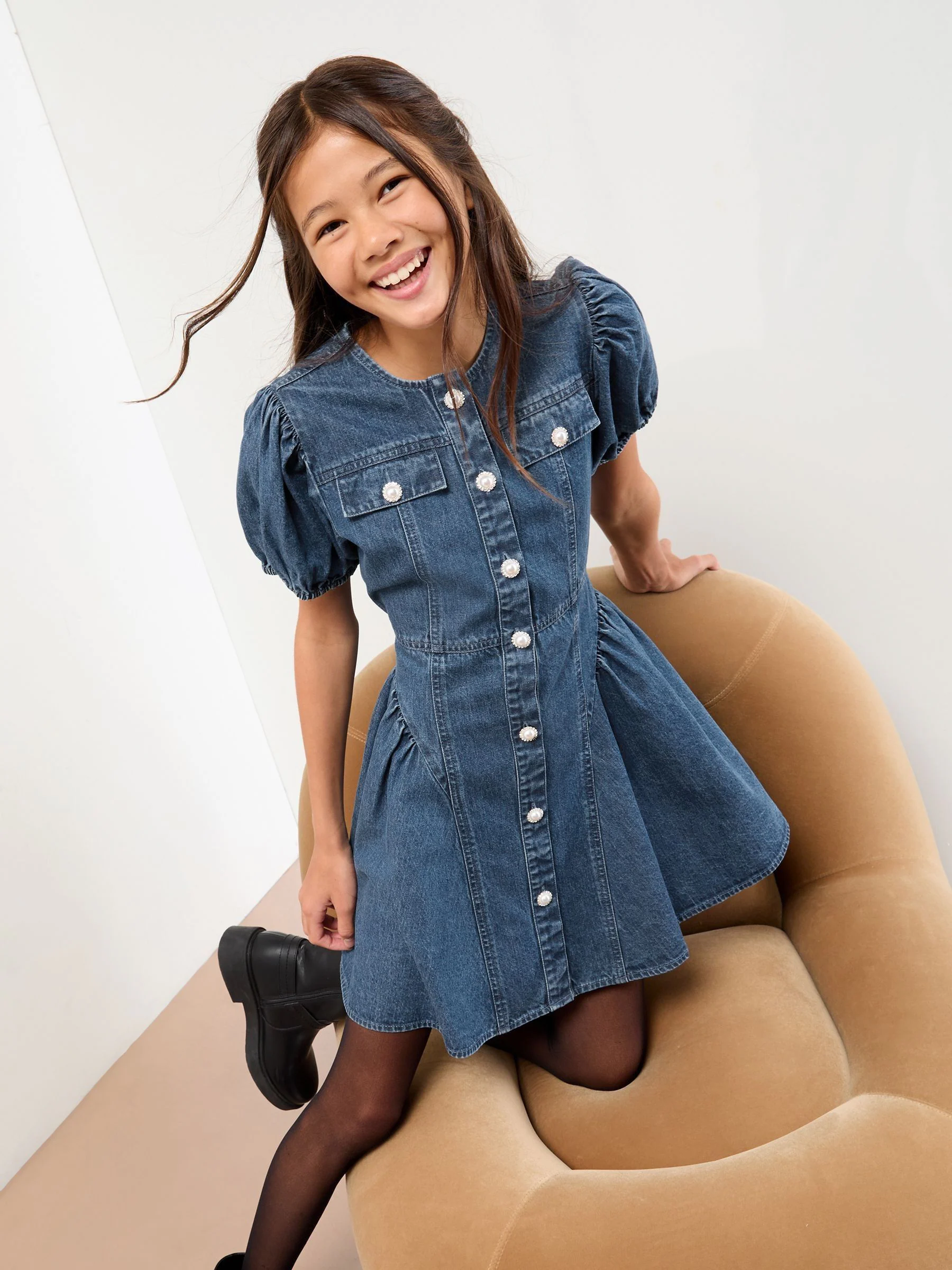 Lipsy Denim Puff Sleeve Diamonte Dress (5-16yrs)