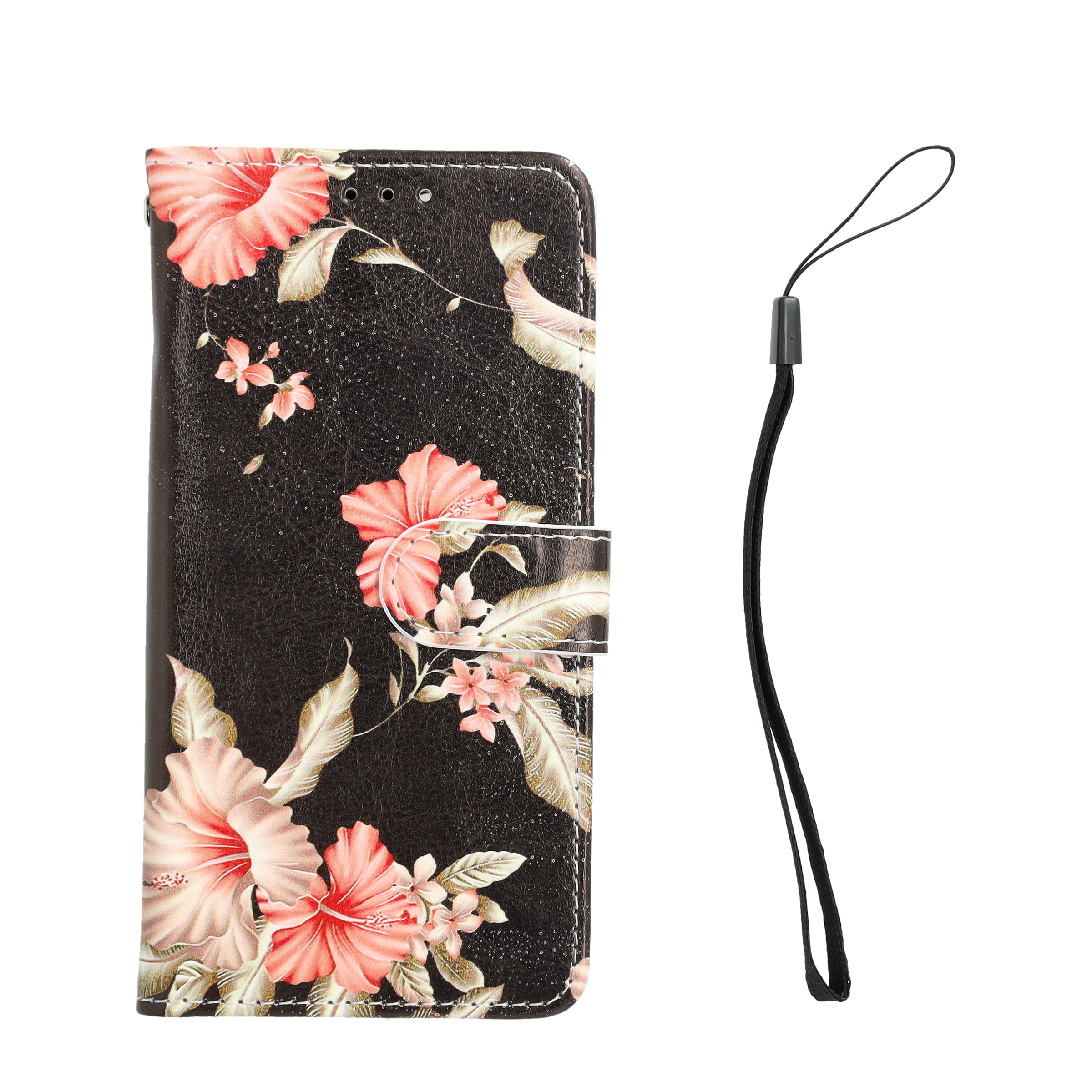 iPhone 12 / iPhone 12 Pro Leder Tasche Flip Cover Rosa Azalea Blumen - Schwarz