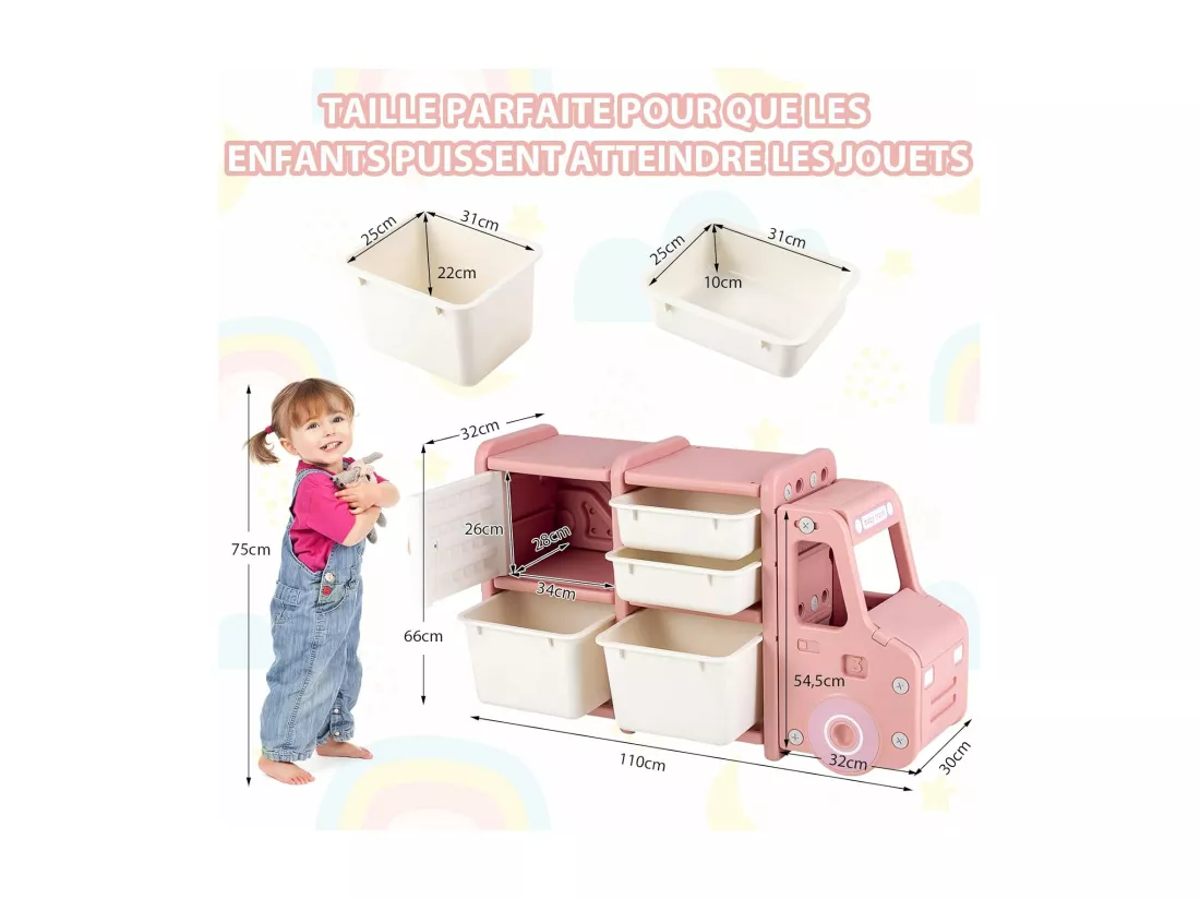 Meuble de Rangement Jouets en Forme Camion avec 2 Bac & 2 Tiroirs, 110x32x66cm, Rose